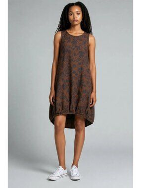 New Collection Sleeveless Floral women DressW/Gathered Hemline Brown/Blue Medium